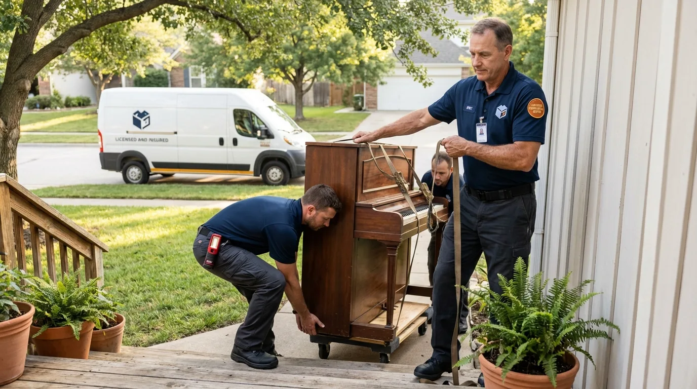 Licensed piano movers securing grand piano in Prospect, PA