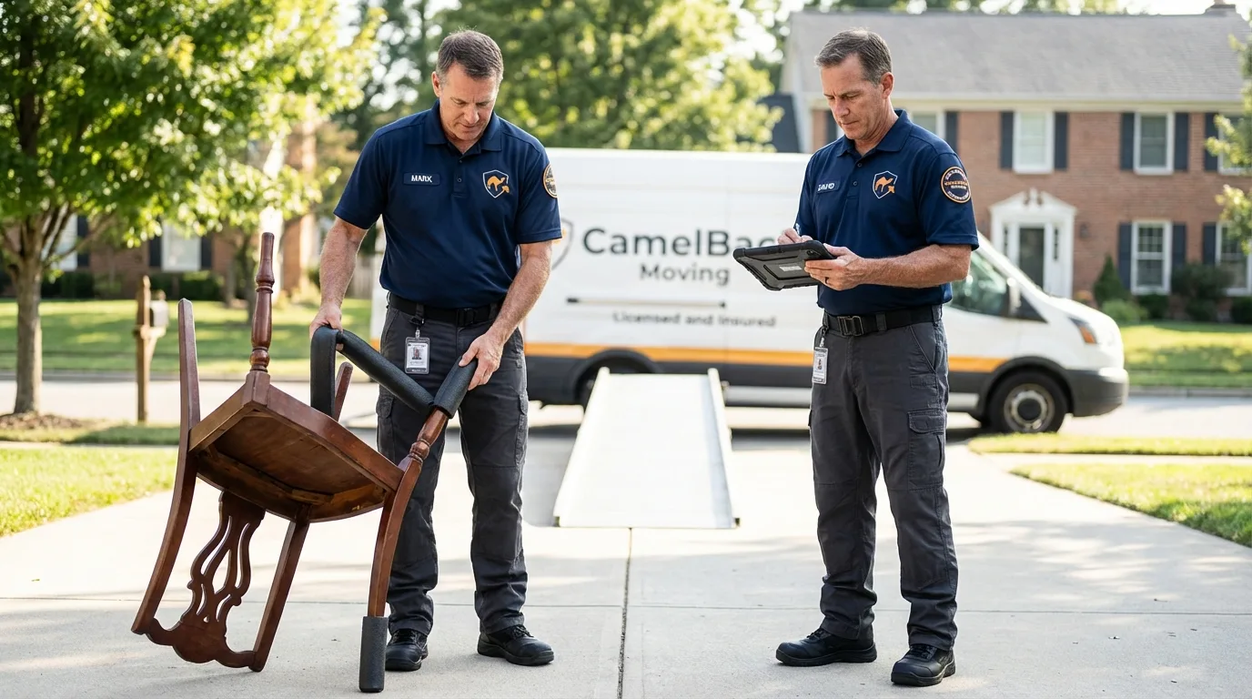 Movers inspecting furniture for damage prevention before loading in Prospect, PA