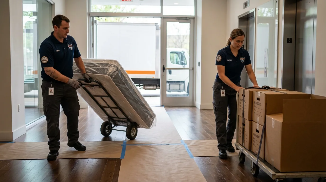 Professional apartment movers loading elevator in Prospect, PA