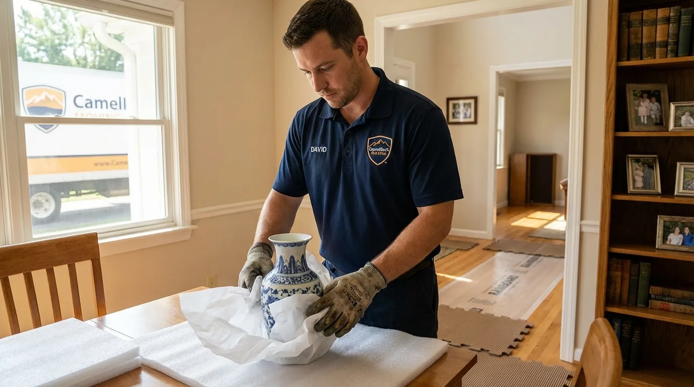 Professional crew carefully wrapping antique vase for senior downsizing move in Prospect, PA